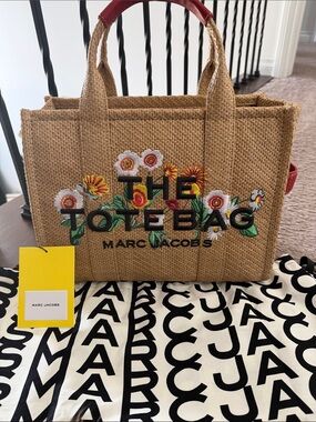 Marc Jacobs Floral Embroidered Woven Tote in Natural with Red Accent